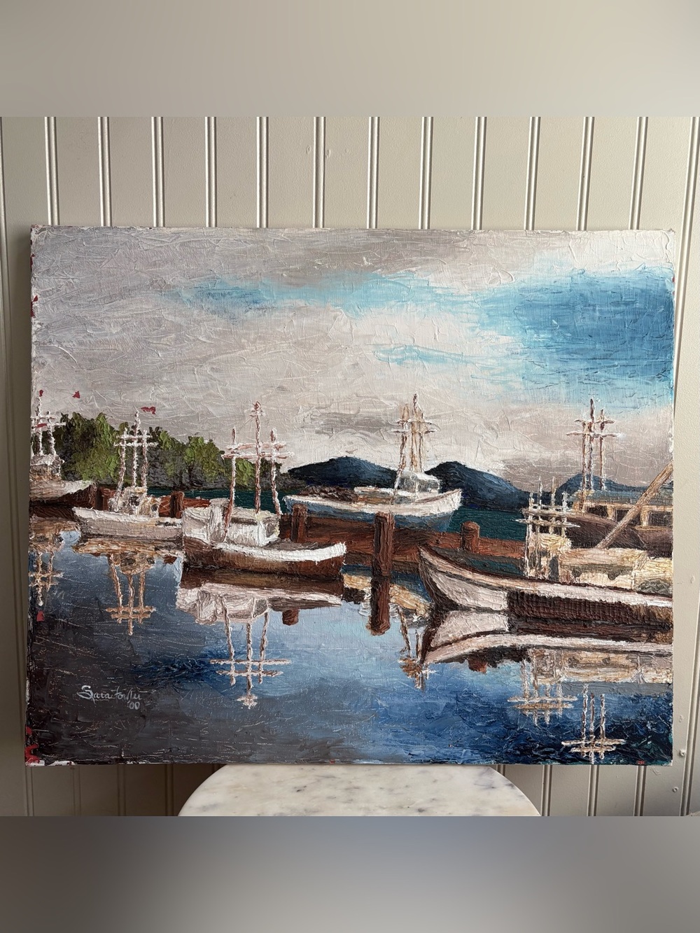 Vintage Nautical Harbor Scene Original Impasto Oil Painting by Sara Fowler VTG